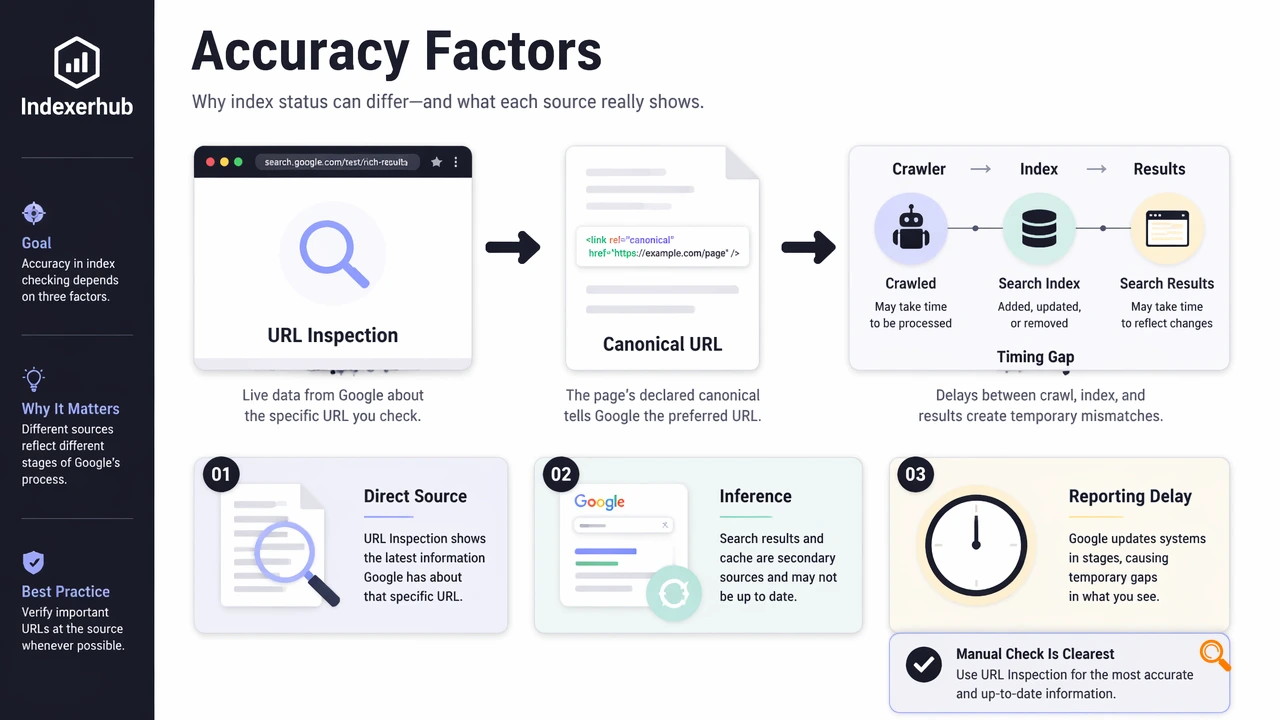Annotated diagram comparing URL Inspection, canonical URLs, and timing gaps in index accuracy.