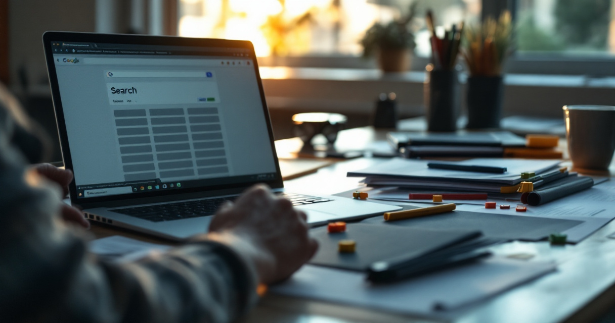 Over-the-shoulder desk scene showing grouped website pages and indexing status concepts