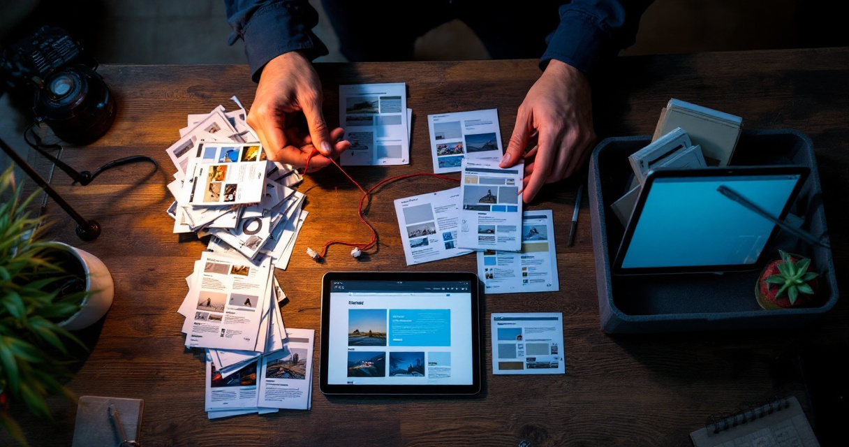 Hands triaging excluded and error pages into priority groups on a table