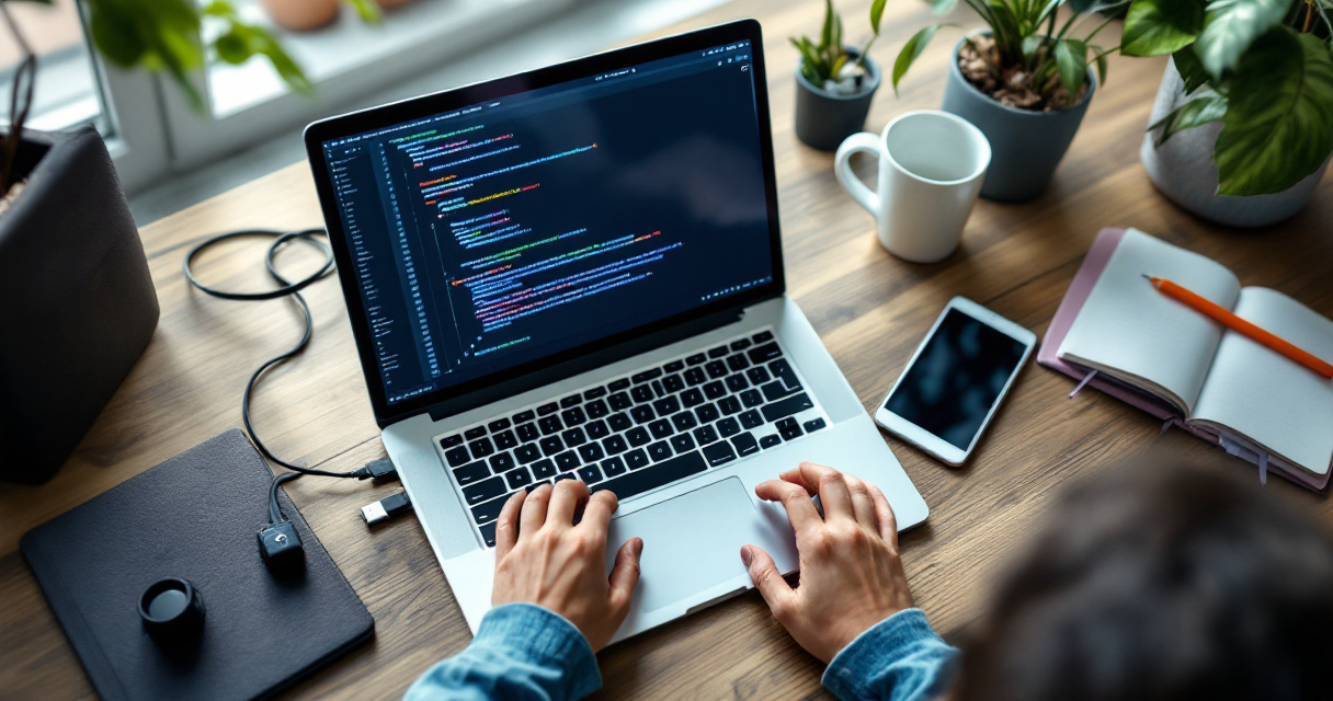 Developer connecting tools and security key while setting up a web API at a desk