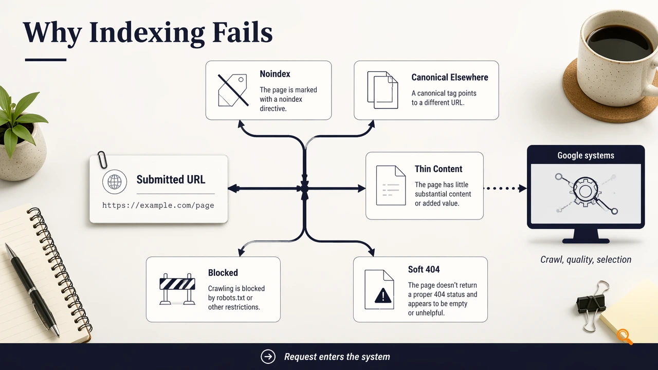 Decision-map infographic showing common reasons a URL is not indexed after manual submission.