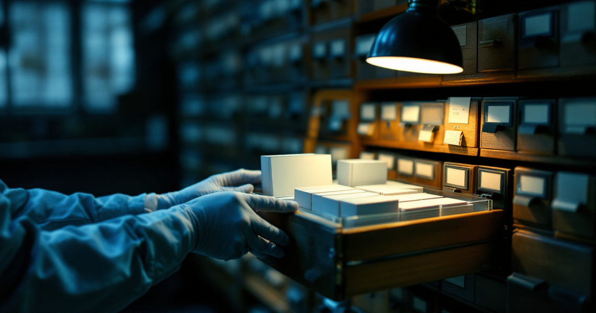 Gloved hands retrieving index cards from archive drawer representing AI search retrieval pipeline