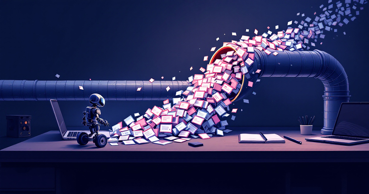 Conceptual scene of crawl budget bottleneck limiting how many pages search crawlers process