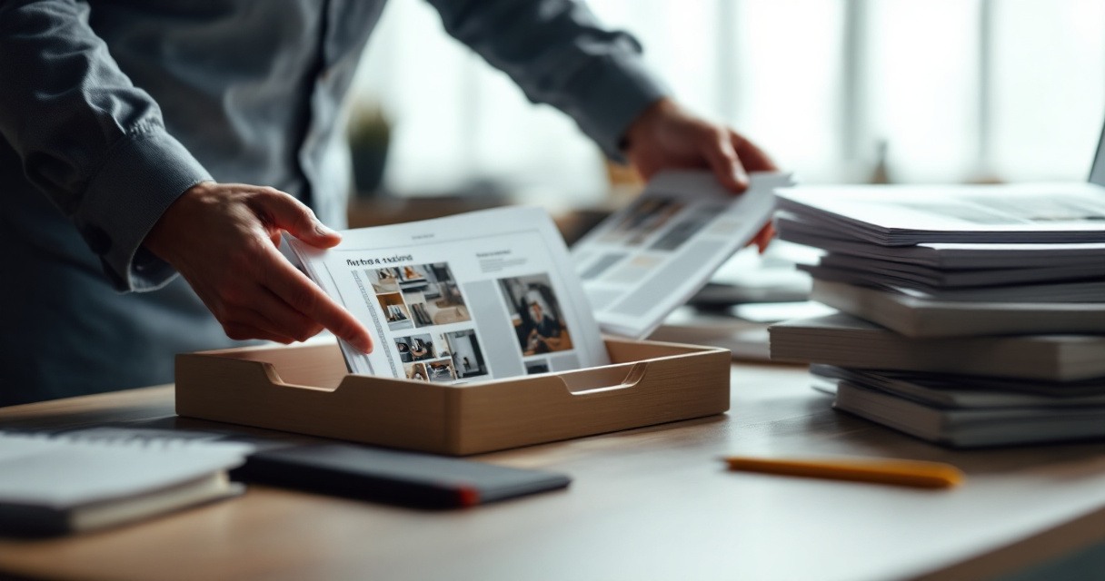 Hands sorting high-quality and thin page layouts on an editor’s desk