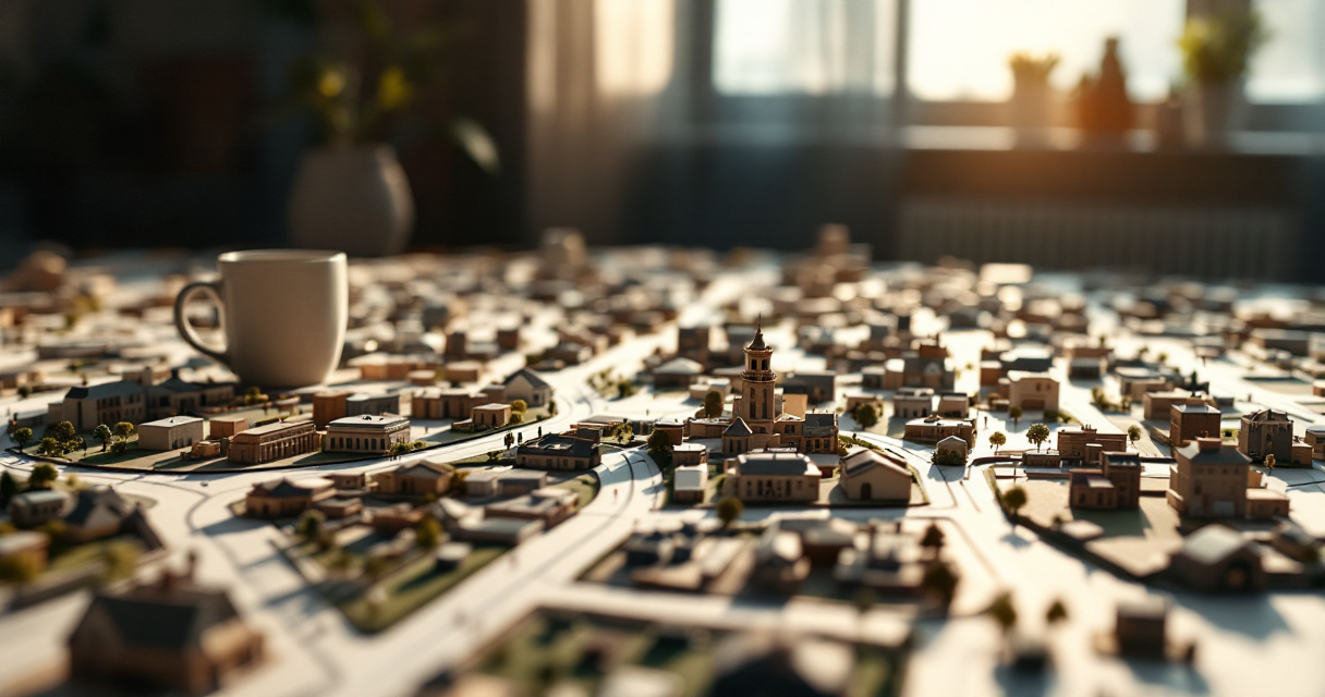 Architectural site model showing central pathways and neglected outer structures