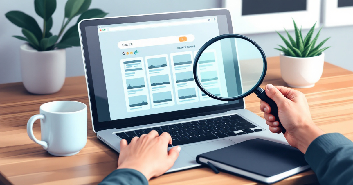 Person using laptop and magnifying glass to visually check search results for indexed webpage