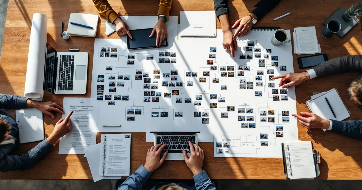 Top-down planning table illustrating sitemap submission after many website pages change together