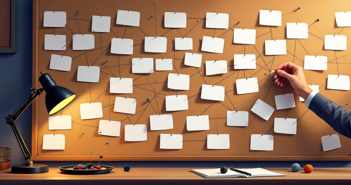 Corkboard network of connected webpage cards representing strong internal linking structure