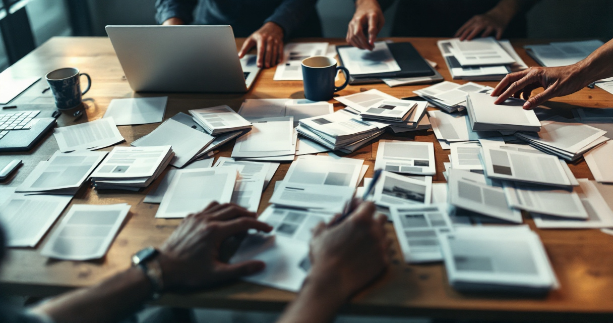 Overhead editorial scene of a content surge overwhelming an SEO publishing workspace