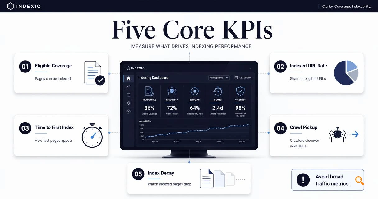 Infographic of five core indexing KPIs with labeled cards and dashboard screen.