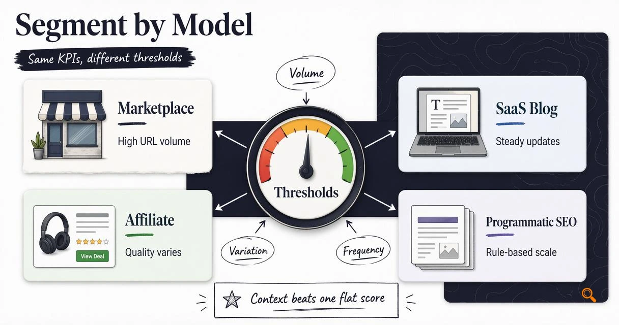 Annotated diagram comparing publishing models and context-specific indexing thresholds.