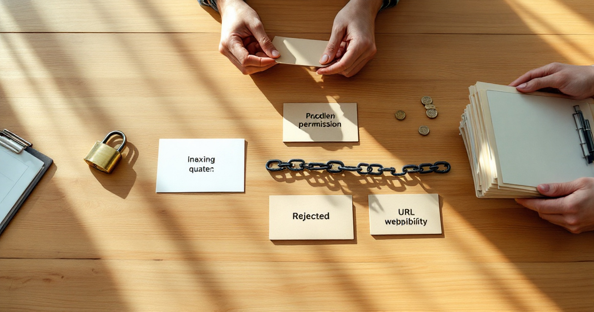 Hands organizing a visual workflow for indexing permission quota and URL eligibility fixes