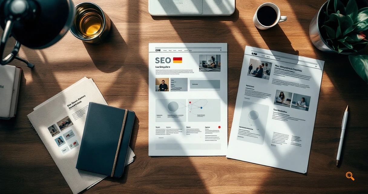 Localized page versions connected with canonical and hreflang relationship cues on an SEO desk