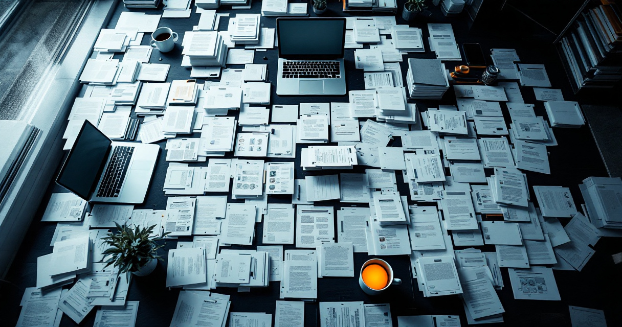 Overhead editorial scene of content sprawl causing index coverage problems before true site scale