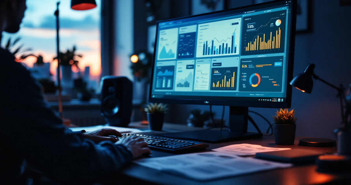 Over-the-shoulder view of SEO analyst monitoring page indexing charts on a desktop dashboard