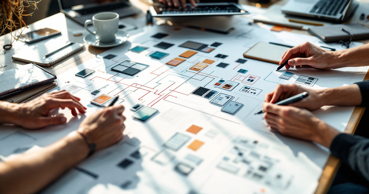 Hands organizing devices and site structure diagrams while building an indexing monitoring setup