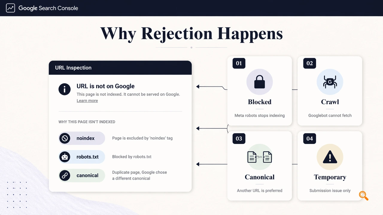 Infographic showing why Google rejects an indexing request and what signals to verify.