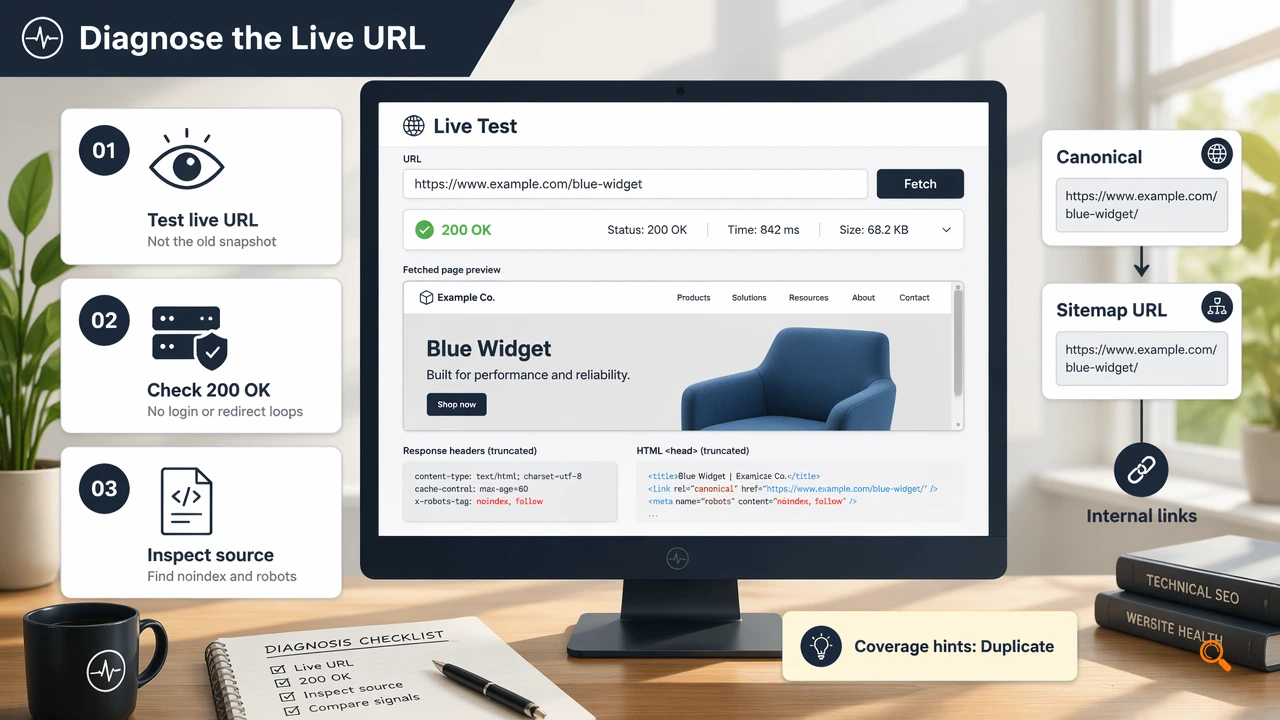 Diagram of how to diagnose a rejected URL using the live URL test and canonical checks.