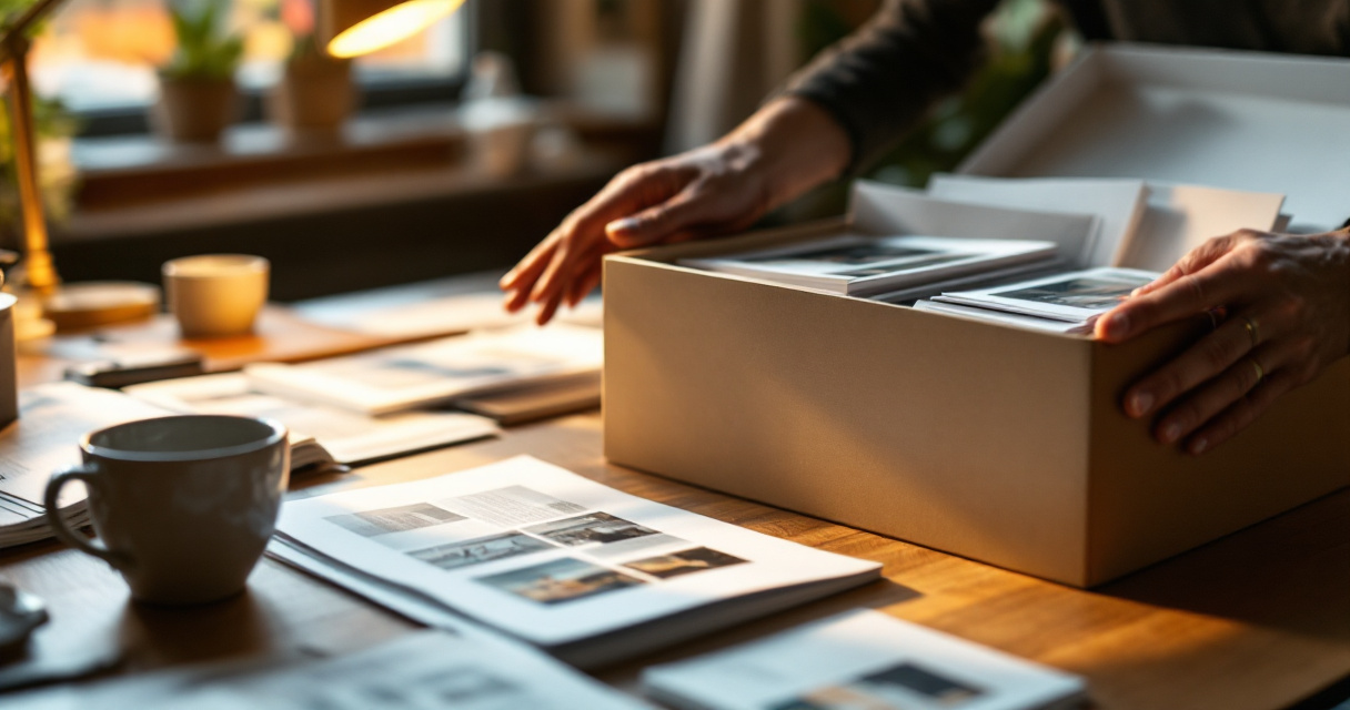 Hands selecting high-quality unique page mockups from duplicate stacks on a tabletop