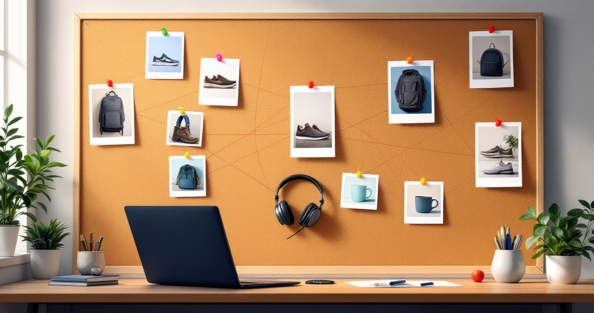 Editorial illustration of ecommerce product photos connected with threads to represent internal linking structure