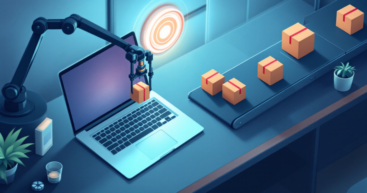 Illustration of automated system sending ecommerce product boxes through a discovery gateway from a laptop