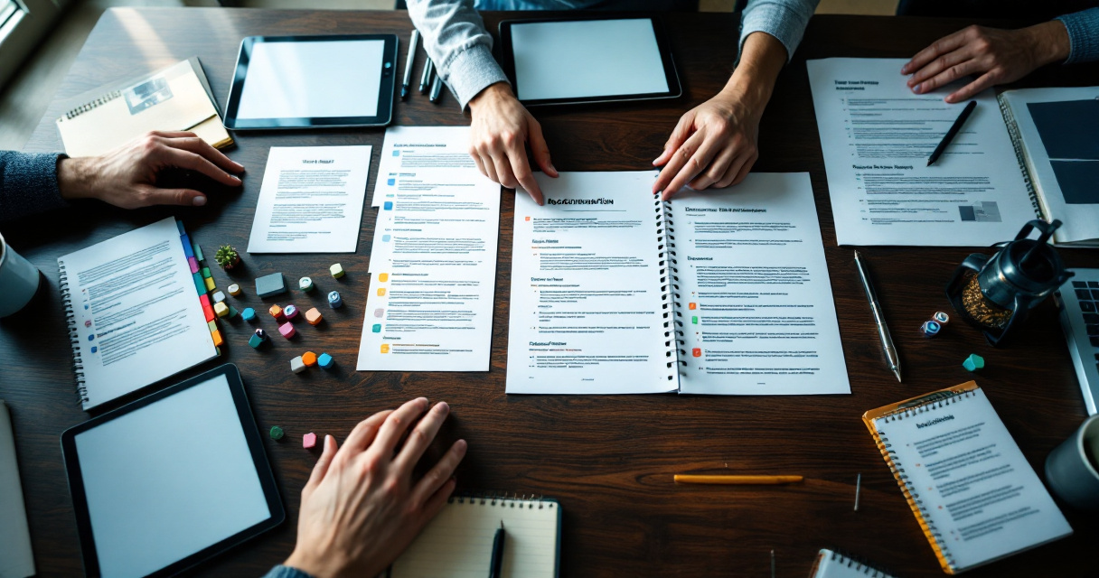 Top-down documentation planning scene showing pages prioritized by product importance on a dark table.