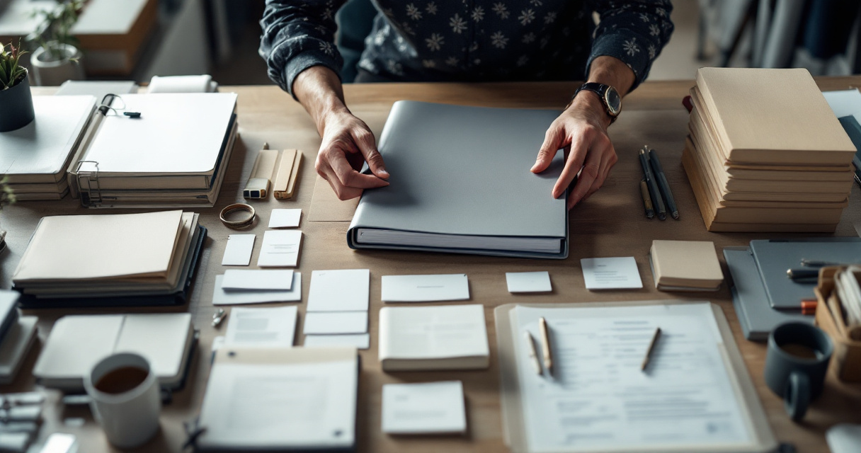 Over-shoulder workspace scene illustrating stable documentation architecture for versions, variants, and search intent.