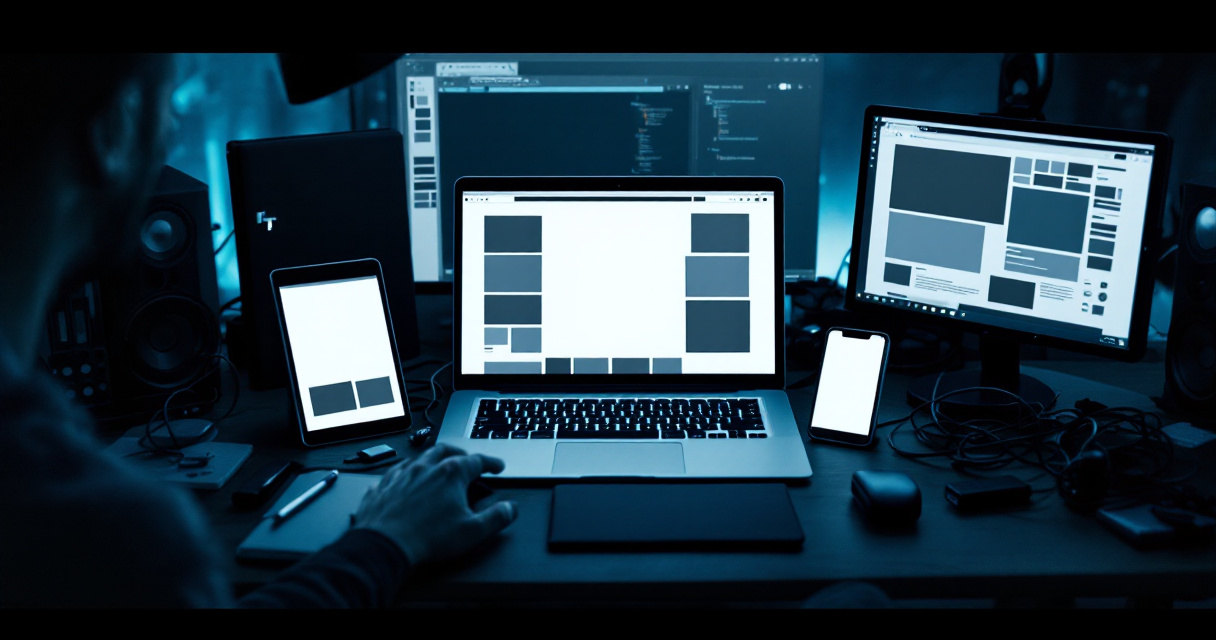 Developer desk with multiple devices rendering the same content fragments differently in a headless CMS setup