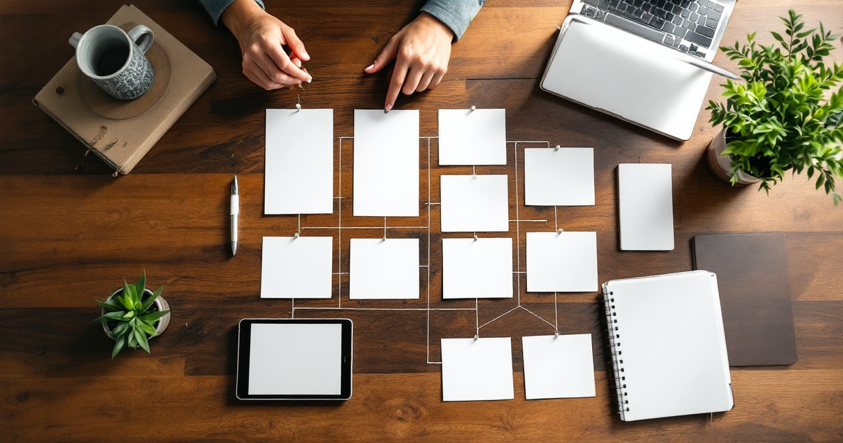 Organized content mapping workspace with connected cards representing a structured headless CMS indexing strategy