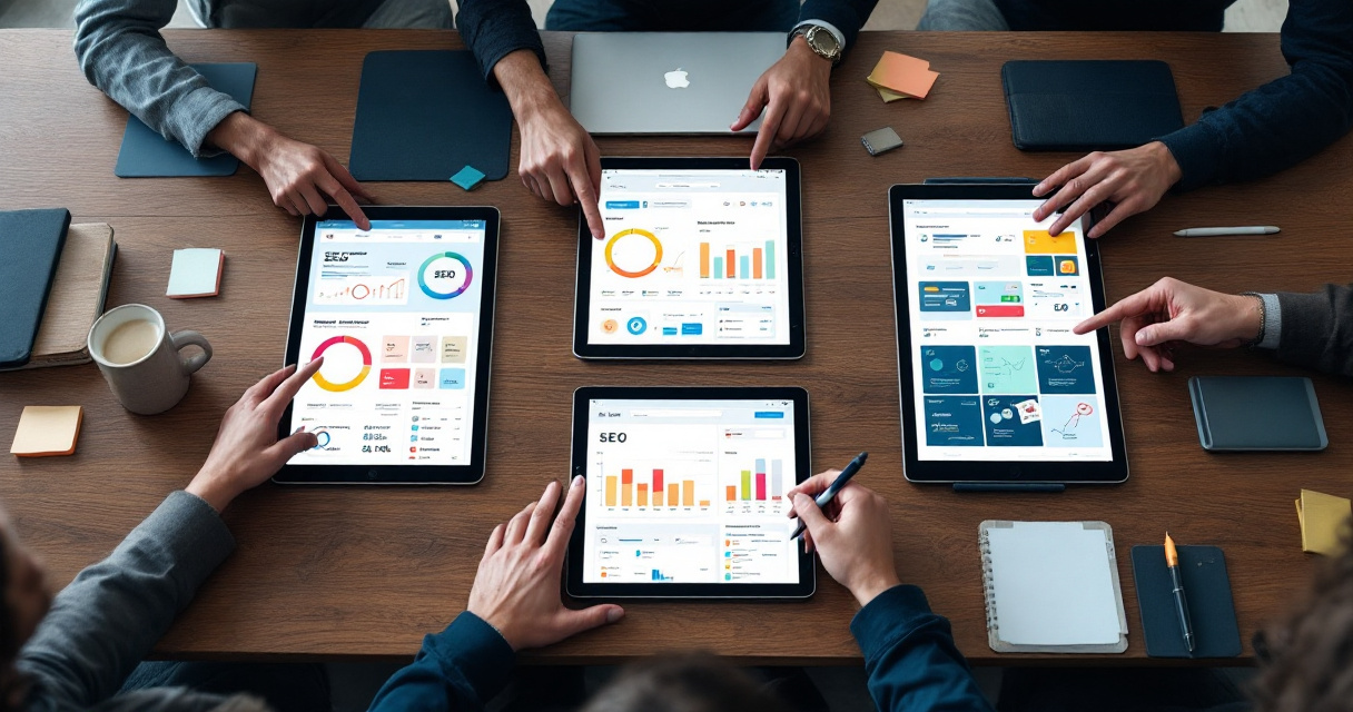 SEO team comparing different indexing software tools on tablets during agency evaluation