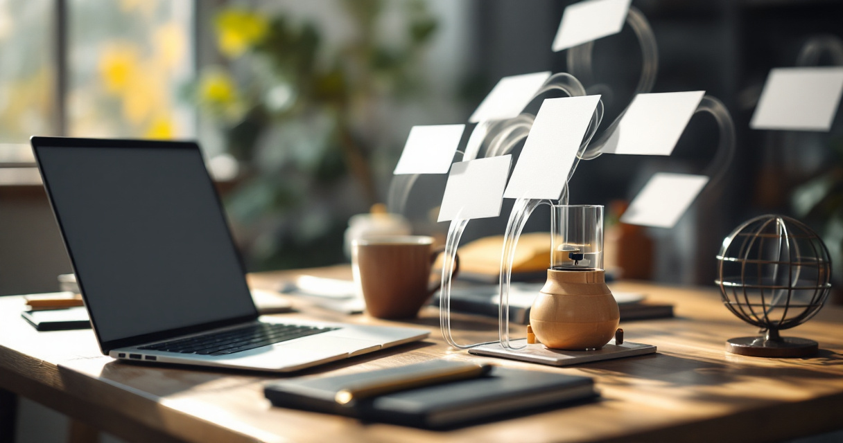 Conceptual desktop scene showing instant website update notification traveling outward through pneumatic tubes