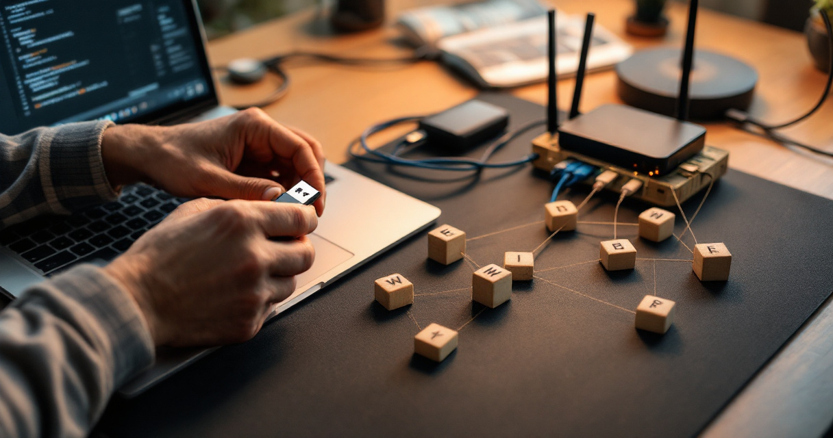 Hands configuring a small developer workstation symbolizing IndexNow setup and website connection