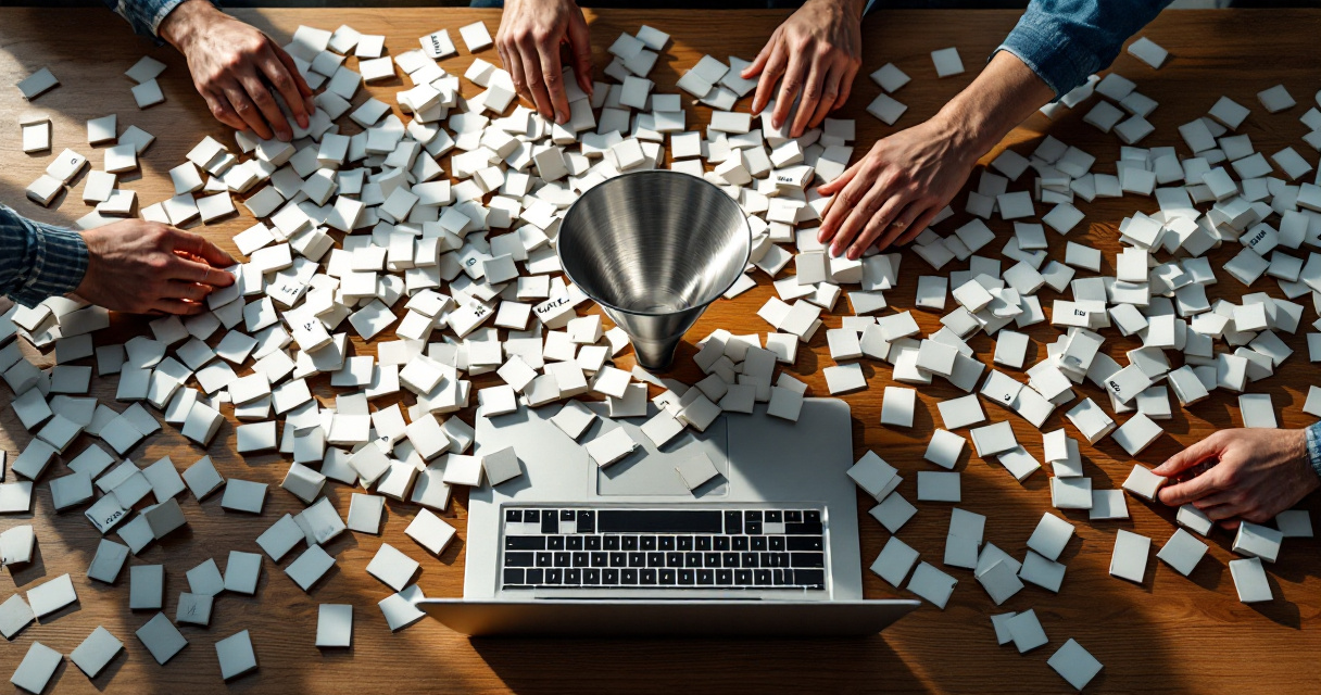 Hundreds of URL cards funneling into a single narrow connection, illustrating indexing bottleneck