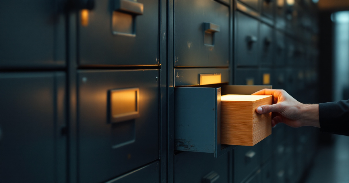 Only one filing cabinet drawer receiving index cards while others remain closed