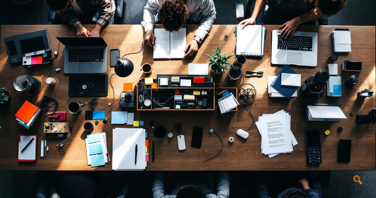Overhead table scene matching indexing tools to different SEO team workflows