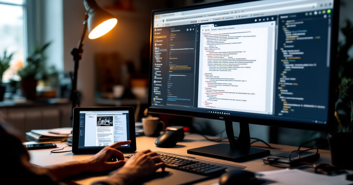 Hands comparing rendered webpage view and stripped-back page preview during a technical SEO audit