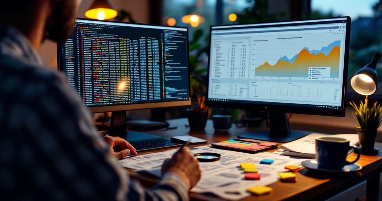 Over-the-shoulder analyst comparing raw server logs with a simplified SEO dashboard