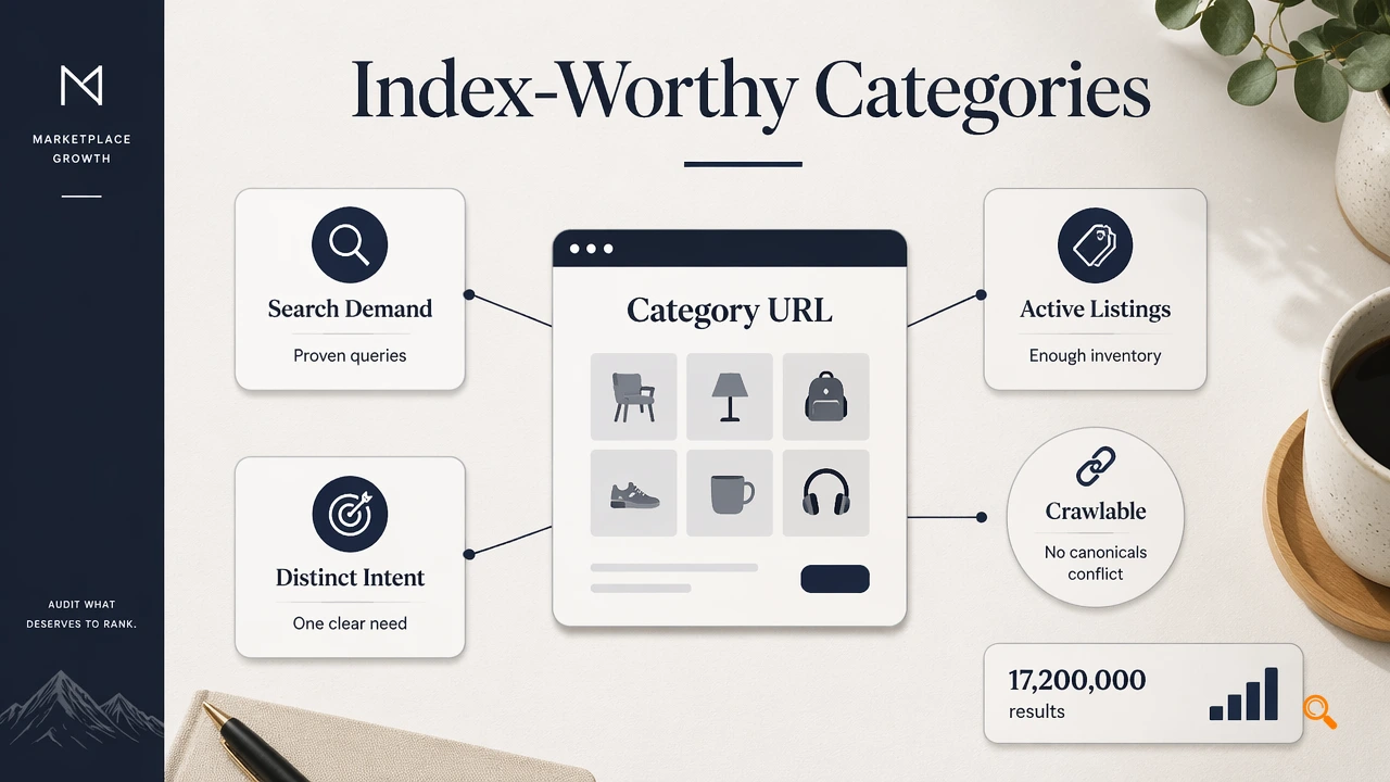 Marketplace category audit diagram showing demand, inventory, intent, and crawlable URLs.