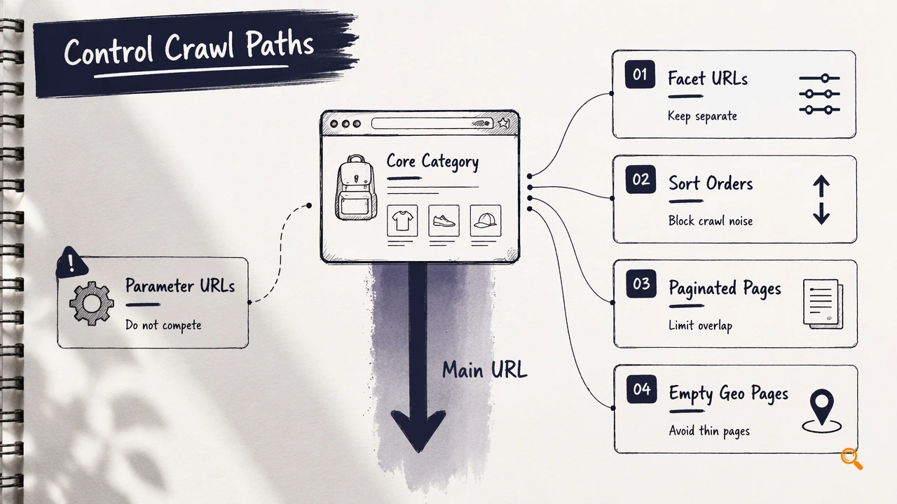 Annotated taxonomy crawl-path diagram with core category, facets, sort orders, pagination, and parameter URLs.