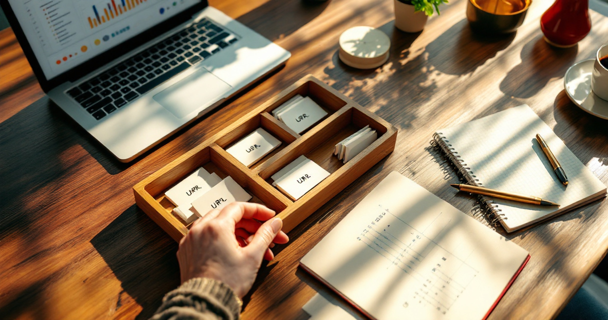 Hands organizing text-free submission cards for Google Indexing API monitoring workflow