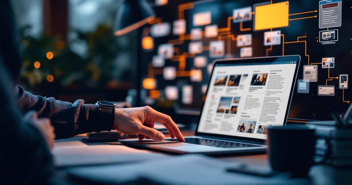 Editor organizing story layouts beside structured news dashboard illustrating crawl efficiency