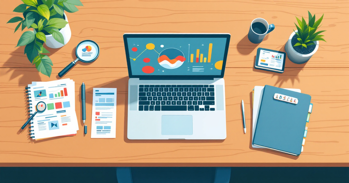 Overhead workspace showing laptop with abstract SEO analytics and multiple tools representing categories of SEO software