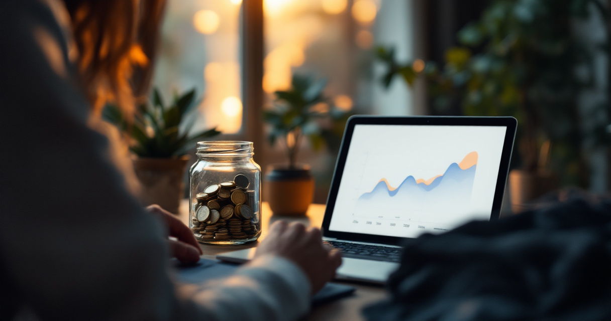 Home office desk with laptop and savings jar symbolizing long term investment in lifetime SEO tools