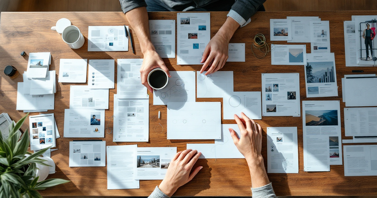 Hands prioritizing connected and disconnected page mockups to identify which orphan pages should be fixed first