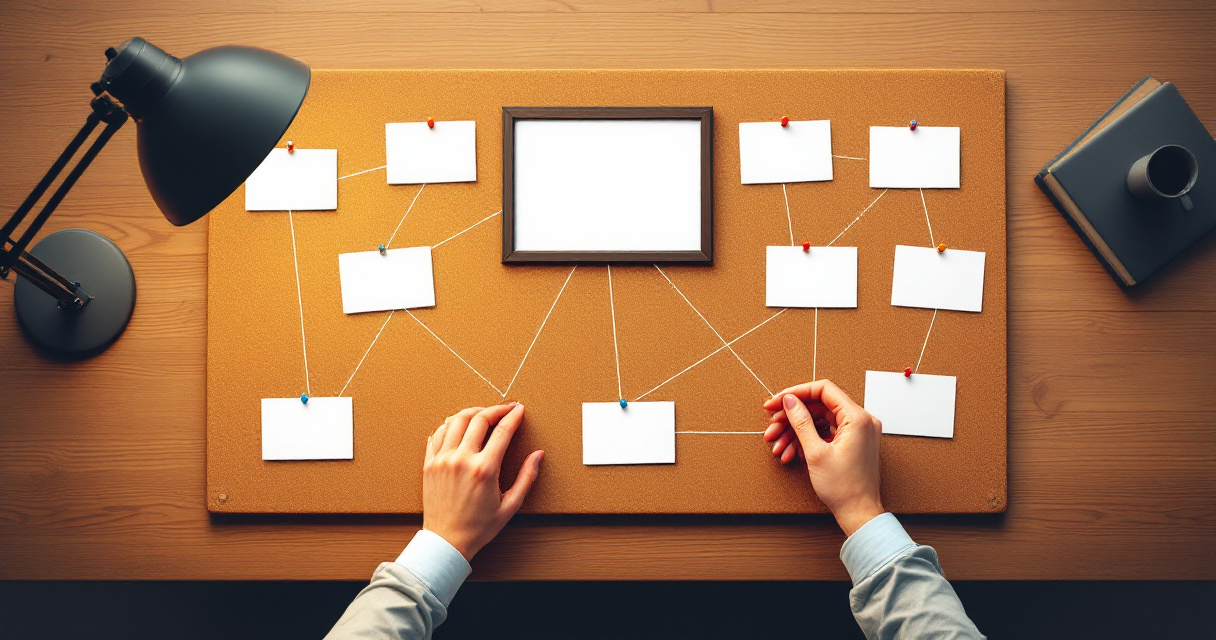 Physical web of connected page cards and strings representing stronger crawl paths and internal linking