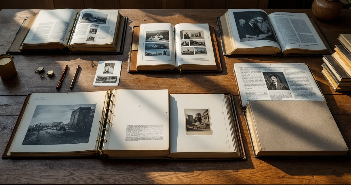 Separate archive folios on a table illustrating self-canonical paginated pages in a series