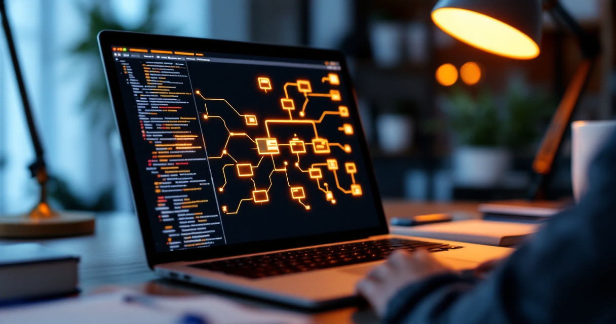 Over-the-shoulder view of laptop showing structured site connections symbolizing clear crawl and indexing signals