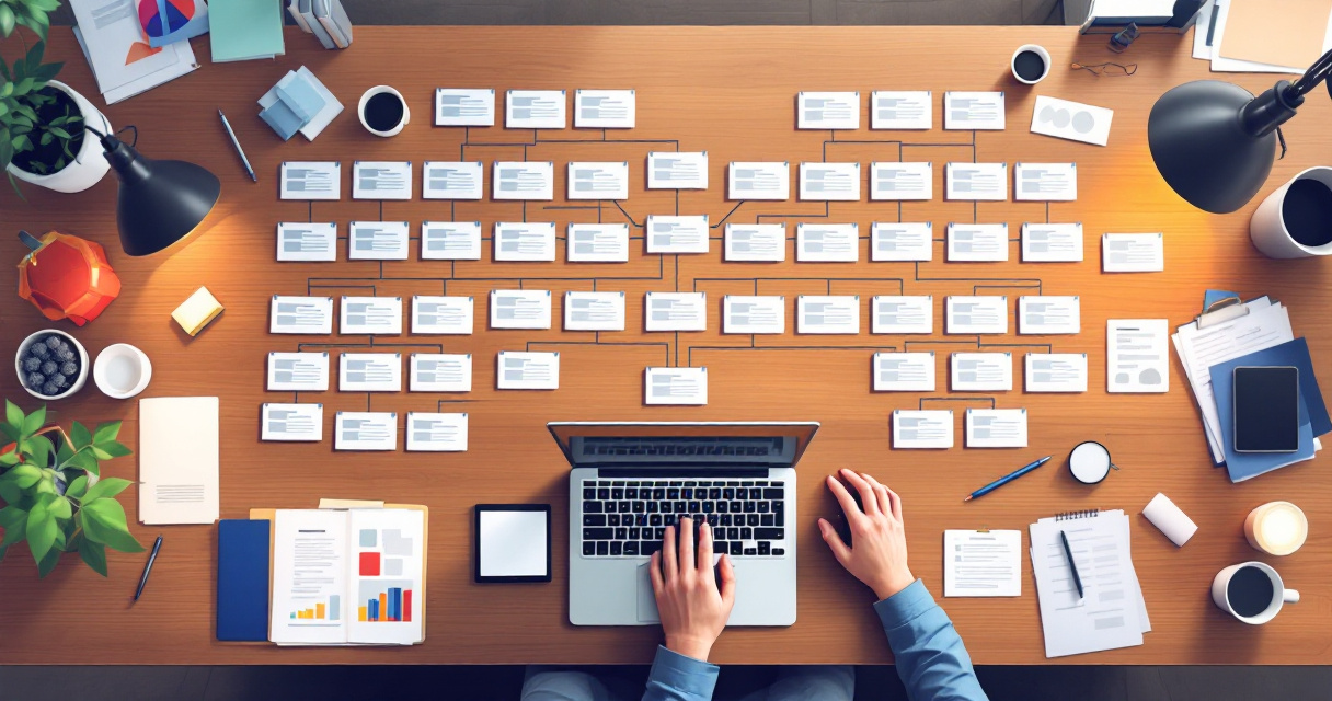 Organized site architecture concept with structured page clusters arranged from a central hub