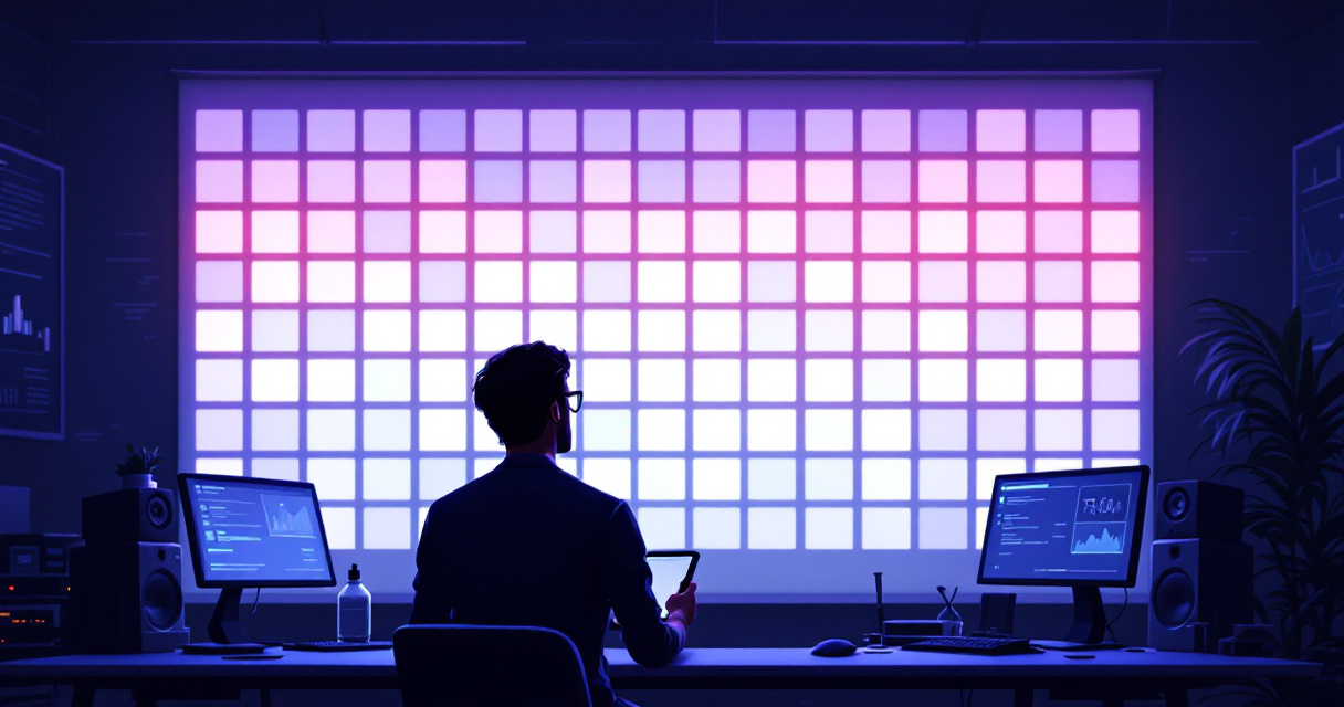 Analyst monitoring large grid of webpage status tiles representing indexation across many URLs