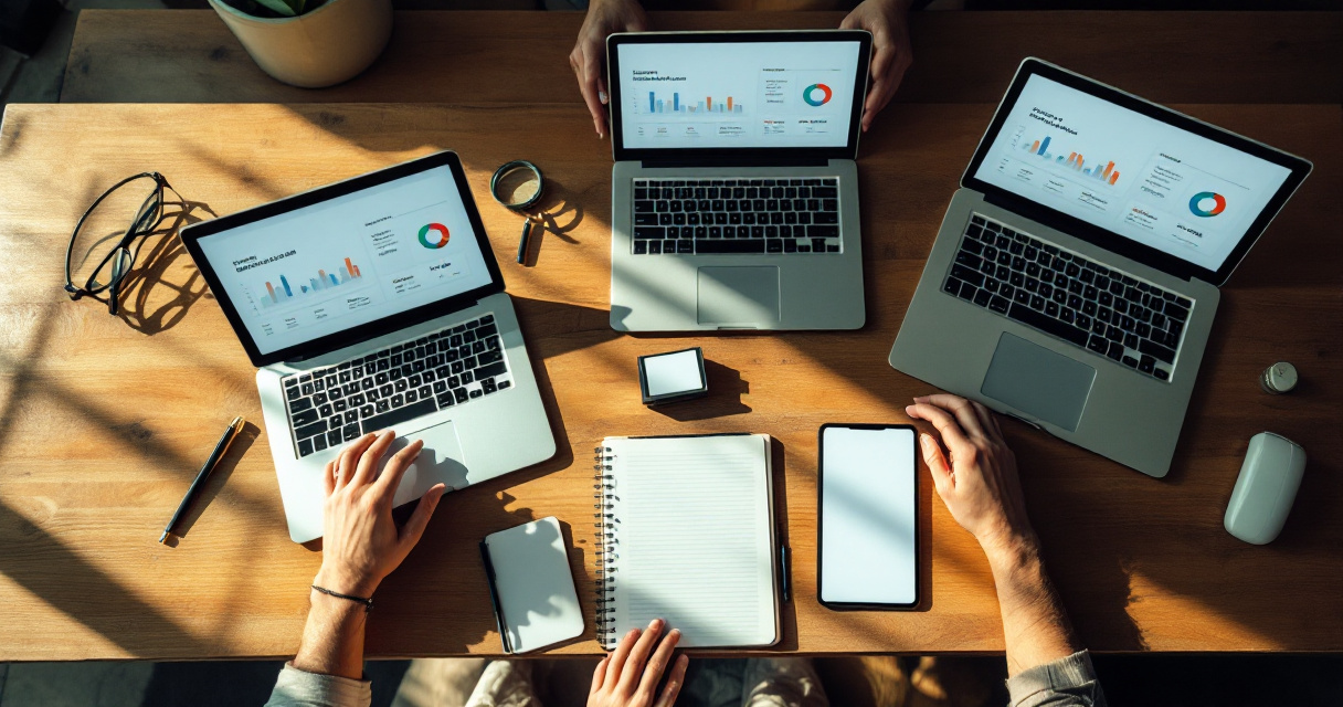 Hands comparing indexing tool dashboards and reports on a conference table